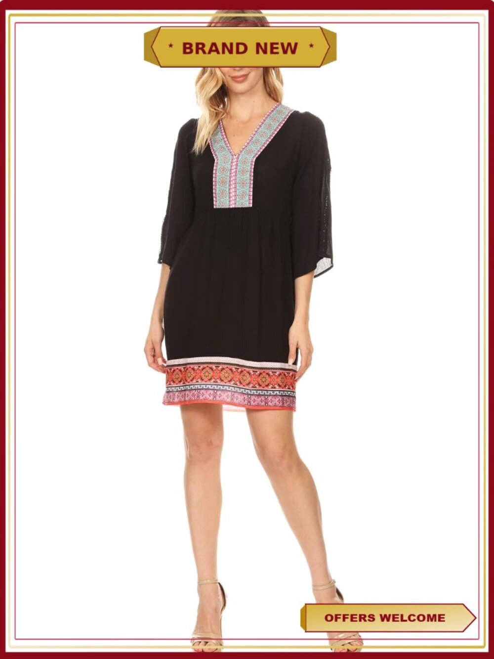 Women's Embroidered Tunic Dress Sheer Gauzy Three-Quarter Sleeve V-Neck